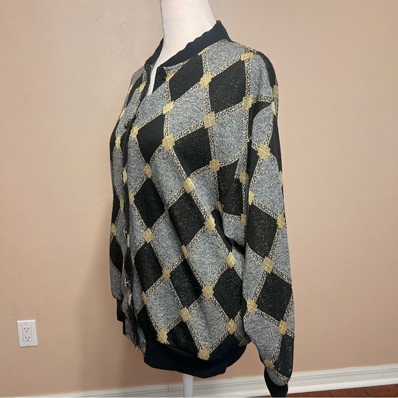 VTG 80s Graff Californiawear Cardigan Sweater Argyle Sz S Black Gold USA Made - Picture 4 of 10